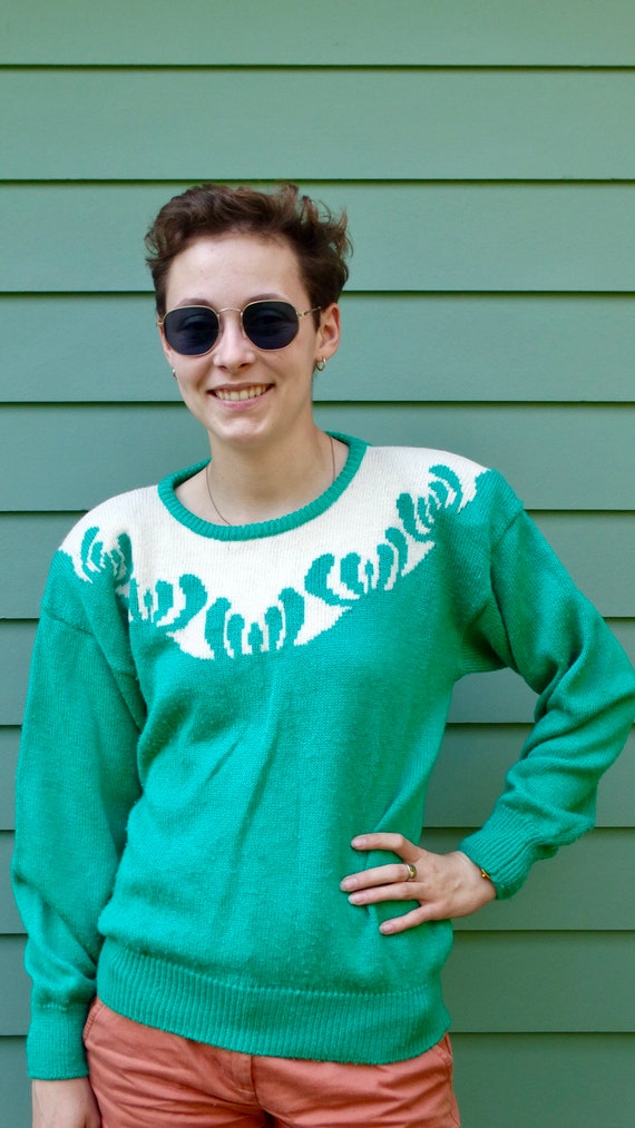 80s Vintage Lucia Green and White Pullover
