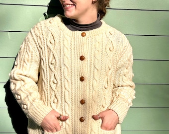 Gorgeous Hand-Knit Fisherman Cardigan Winter White Cable-Knit Cardigan Vintage Cardigan Fisherman's Sweater