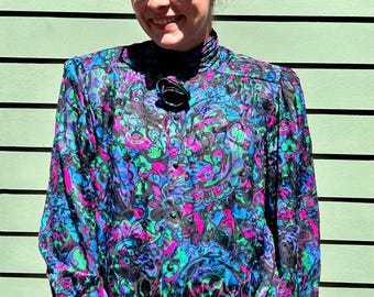 Awesome 80s Silk Blouse - Adrianna Papell Size 14 1980s Blouse 80s Silk Blouse Hot Pink Green Blue Purple