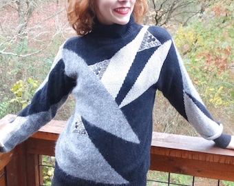 80s Petite Sophisticate Glam Pullover Sweater - SIlver Black Leather Sweater - Size S