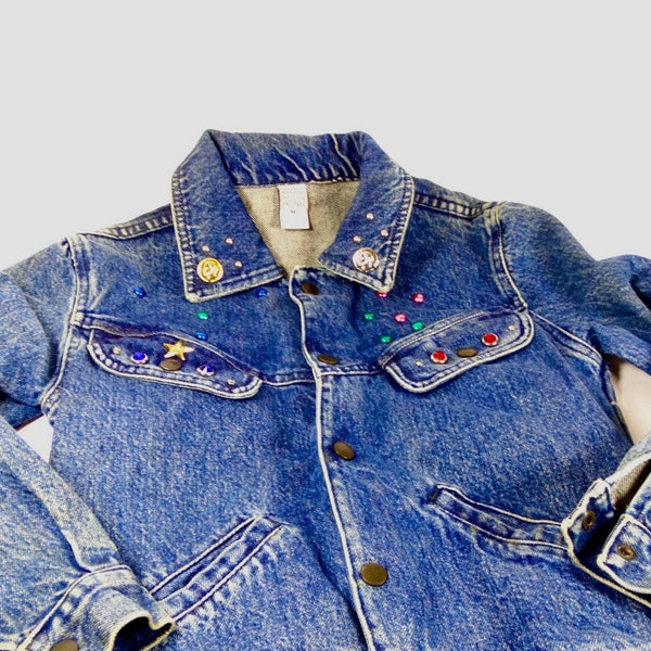 80s 90s Junior Embellished Denim Jacket Vintage Teen Jean Jacket Junior Size Kids Large JR