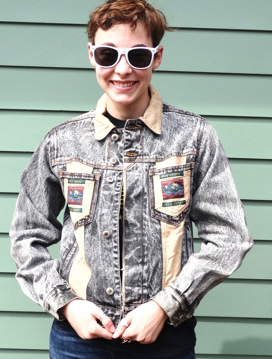 90s Vintage New Order Black Stonewashed Denim Jacket, Vintage Grey