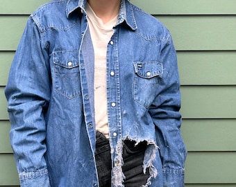 Vintage Ripped Up Wrangler Denim Work Shirt Wrangler Denim Shirt Rocker Punk Grunge Denim Snap Shirt 17 x 35 - Dark Wash