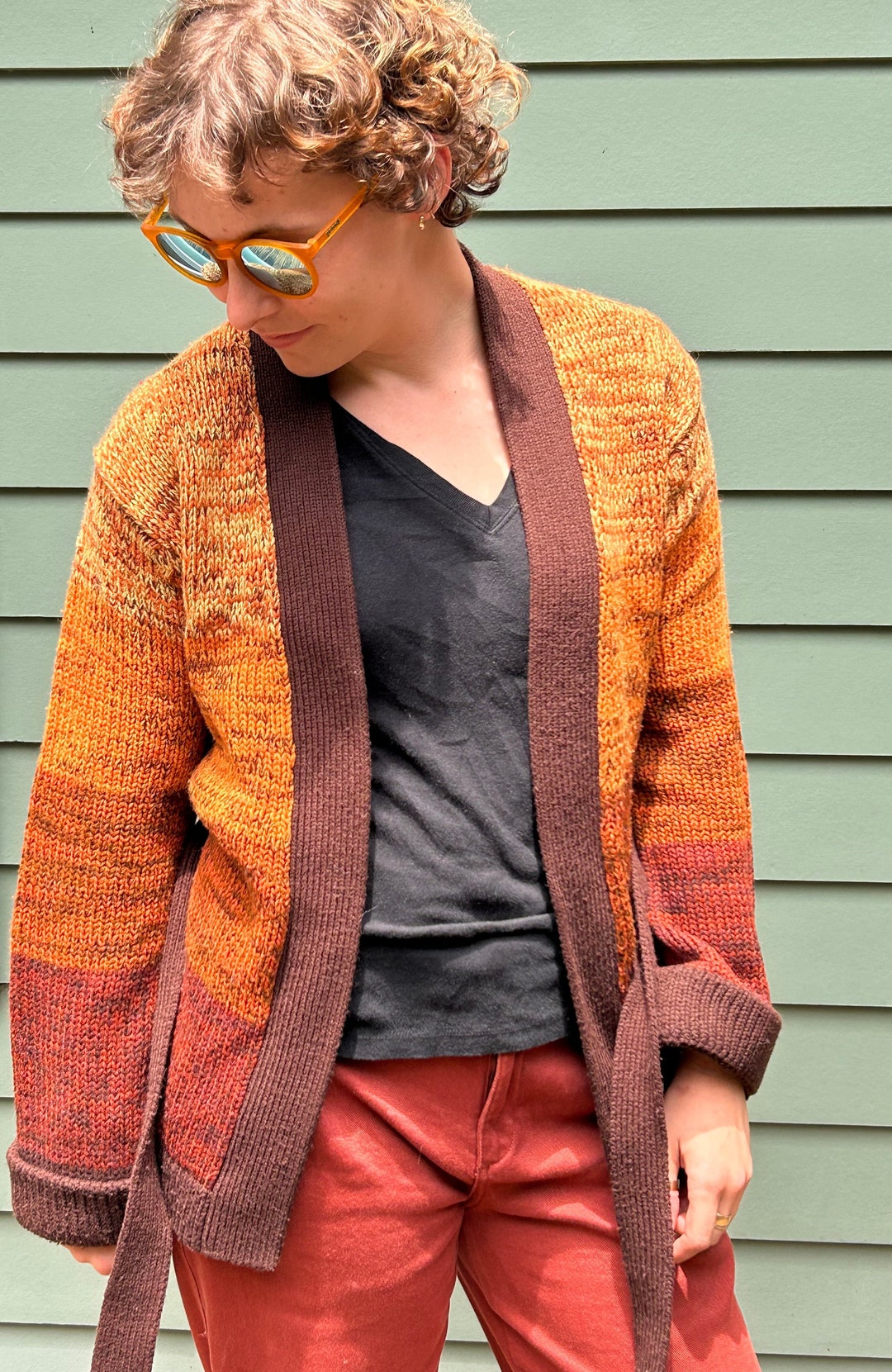 70s Handmade Orange Knit |Vintage long sleeved statement cardigan | Women's buttoned down sweater
