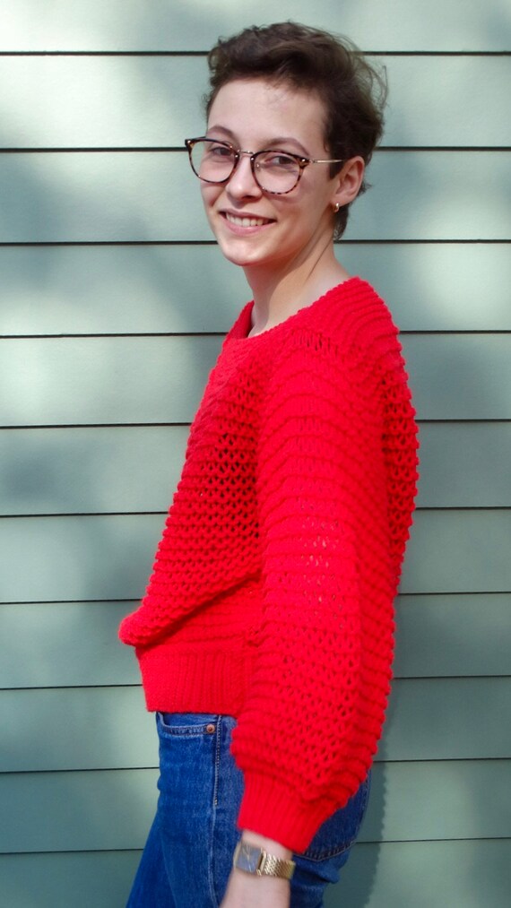 Vintage Handknit Red Sweater - Crop Sweater Open … - image 2