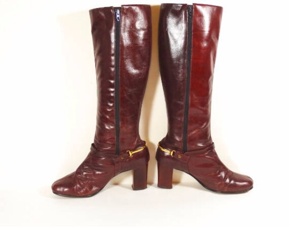 70s Burgundy Leather Boots with Gold Spur Detail -