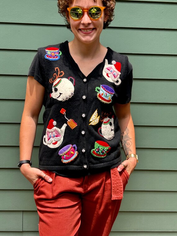 Gilet De Noël Vintage 'moche' Pour Femme - Taille M, Sans Manches, Motifs Festifs - Occasion Très Bon état
