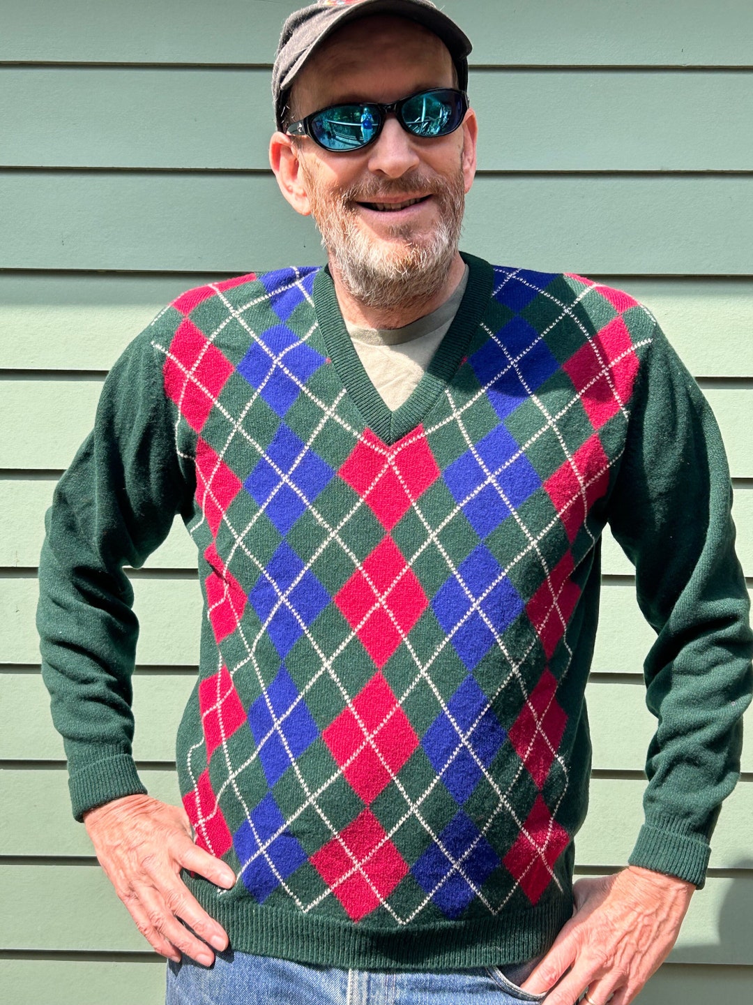 トップス OLD(ENGLAND vtg wool argyle knit Vintage Grandpa Knit Wool Sweater Medium Multicolor V-neck