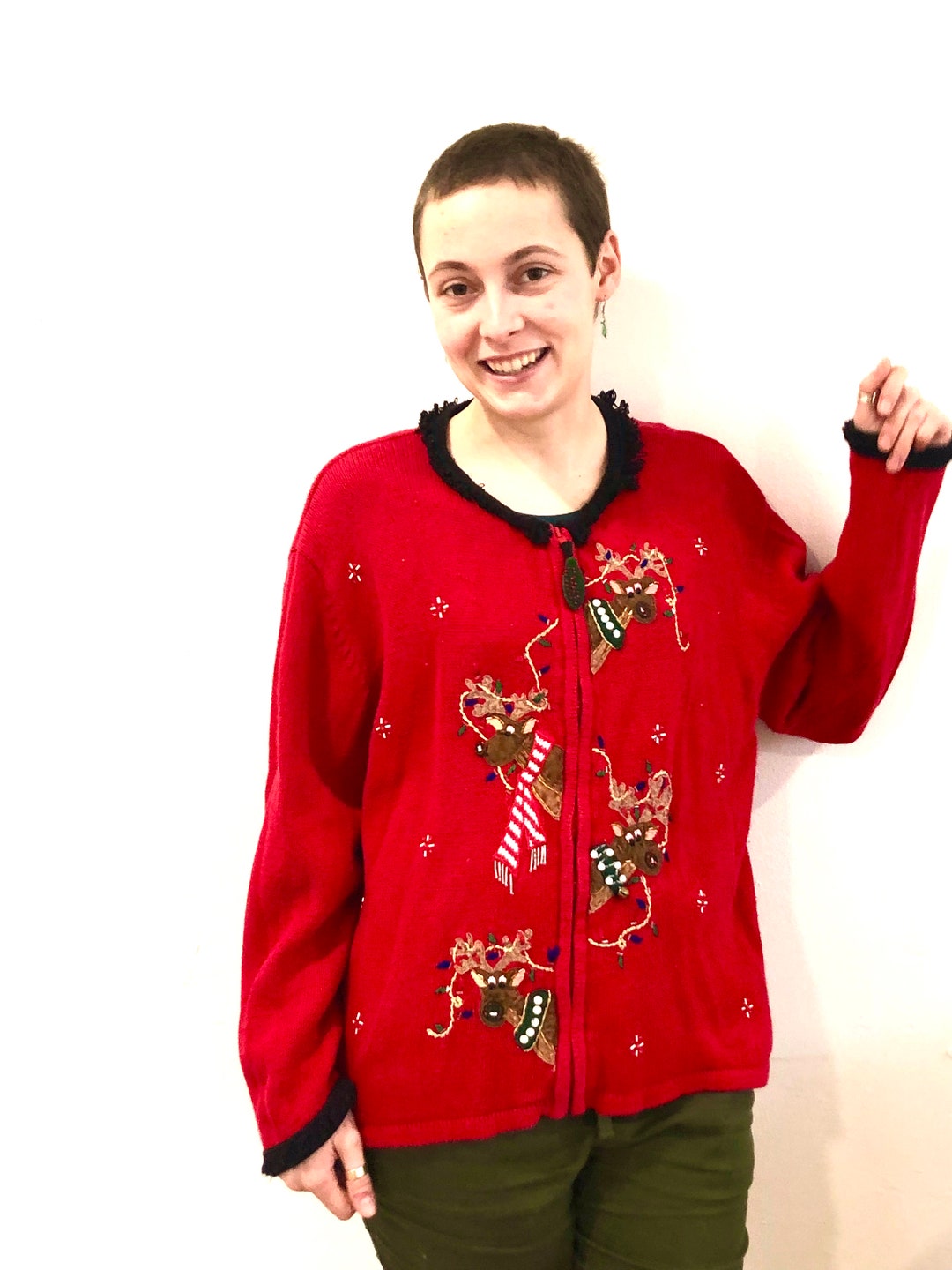 Vintage Tiara International Christmas Sweater Reindeer Embellished Christmas Cardigan Size XL