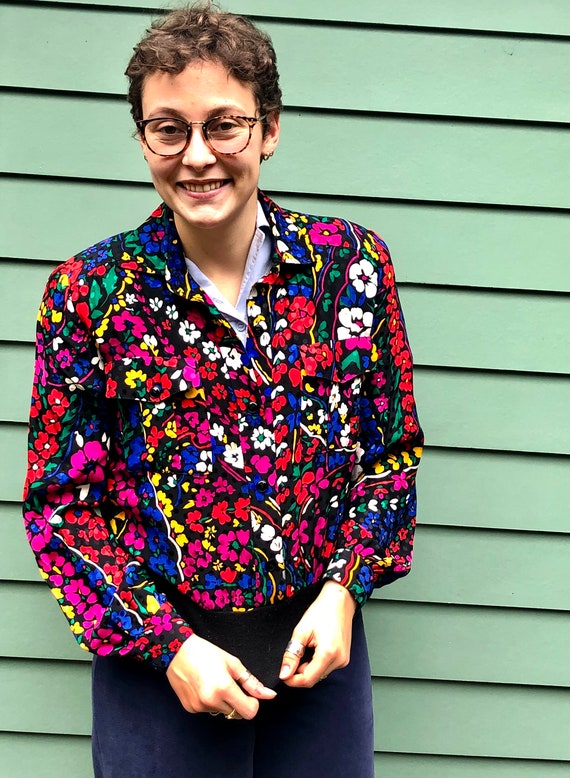 80s Rainbow Floral Silk Blouse - Julie Francis Si… - image 5