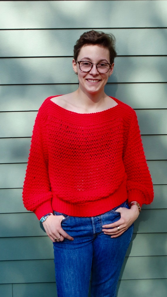 Vintage Handknit Red Sweater - Crop Sweater Open W