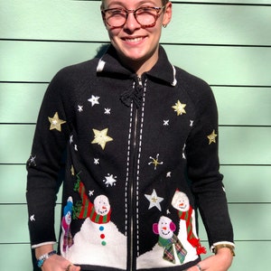 Vintage Snowman Cardigan Zip Snowman Sweater Size S Designers Original Studio Christmas Sweater Party Holiday Sweater