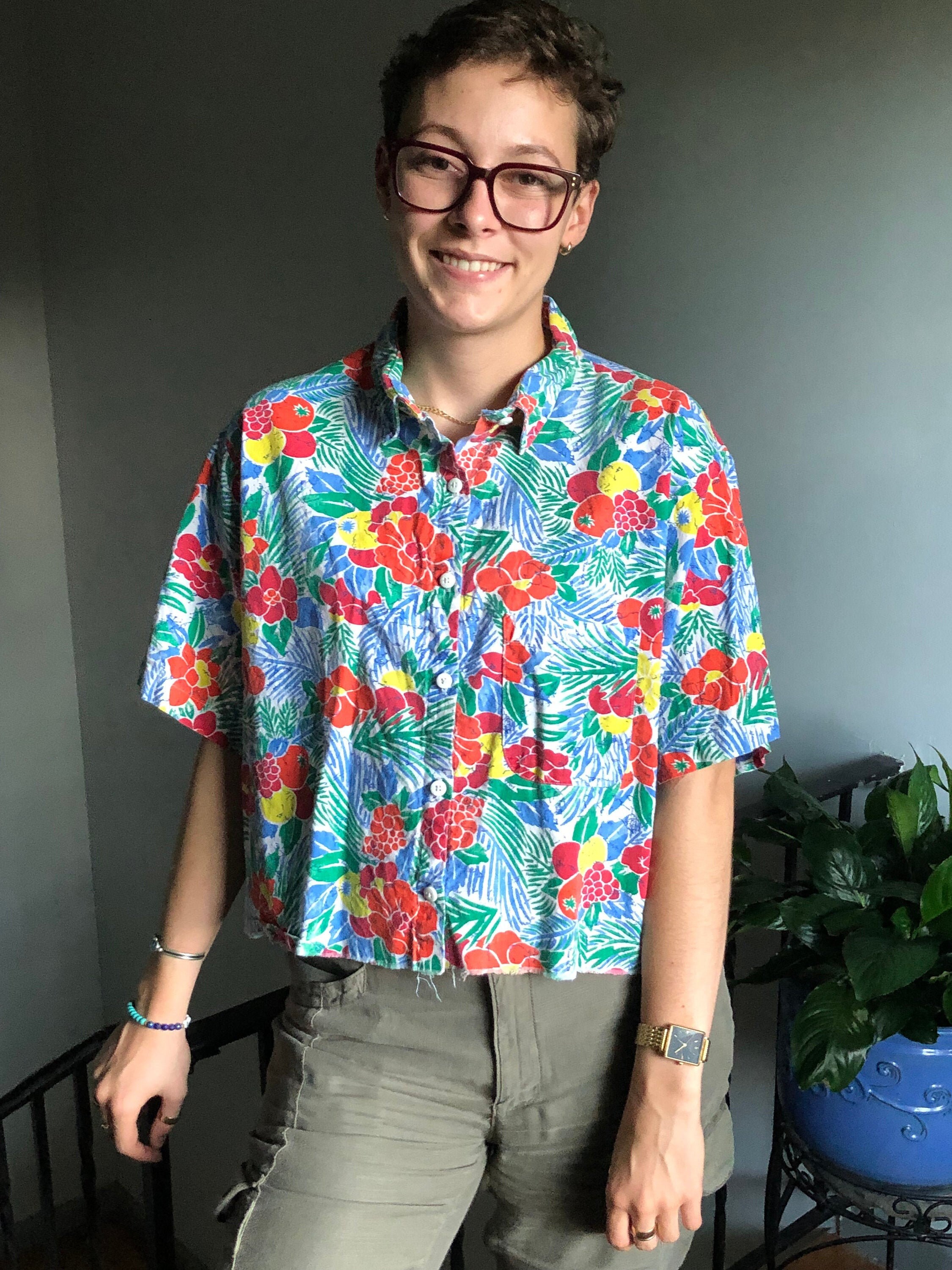 80s French Navy Crop Hawaiian Shirt 