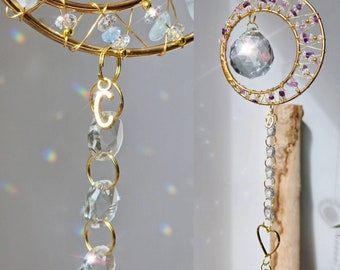 Personalised gift Crystal suncatcher with gold letter moon and star gemstone chips