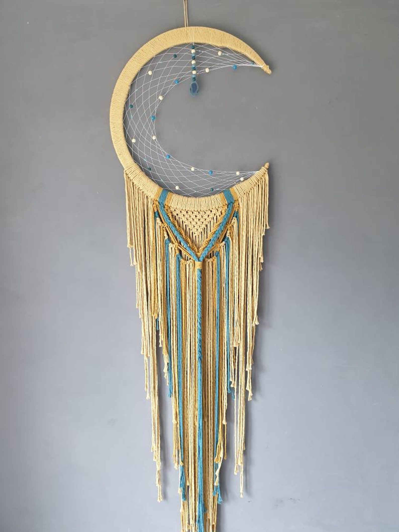 Mustard crescent moon macrame wall hanging. Etsy