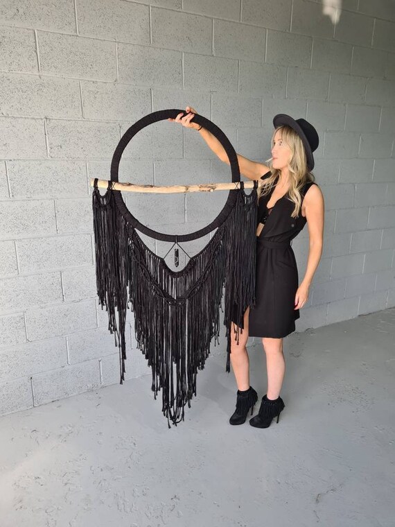 Black Macrame Wall Hanging With Driftwood and Black Crystal 