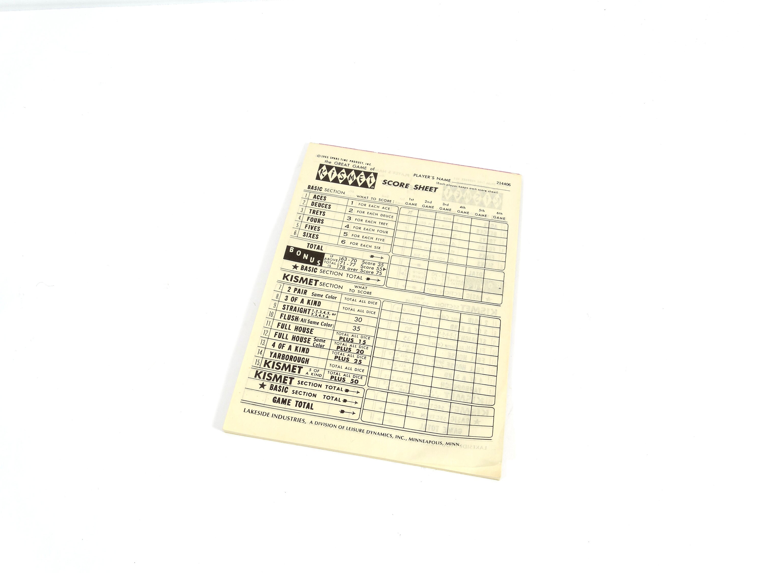 1964 Kismet Score Pad Partial Scorepad Individually Game New Game of