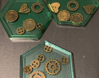 Porta-copos hexagonais steampunk verdes (unidade)
