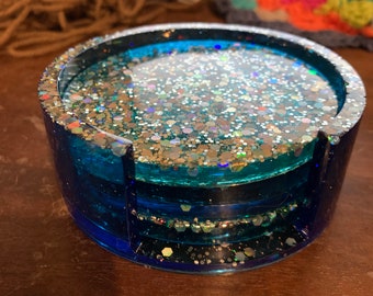 Conjunto de 4 porta-copos azuis + suporte para porta-copos