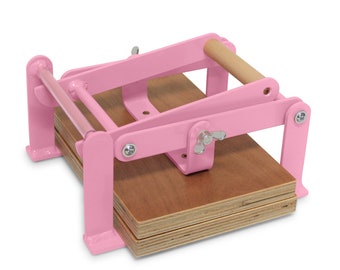 A5-size (junior legal+) hand lino press, lino cut press, heavy duty, steel, powdercoated pink (ral 3015)