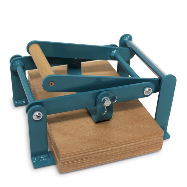 A5-size (junior legal+) hand relief press (lino press), lino cut press, heavy duty, steel, powdercoated turquoise (ral 5018)