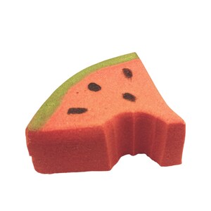 May include: A novelty eraser in the shape of a watermelon slice, with a bite taken out. The eraser is red with black seed details and a green rind. A fun stationery item.