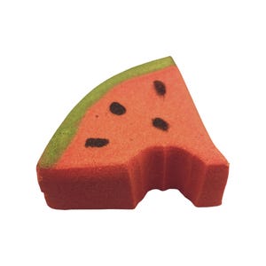 May include: A watermelon-shaped sponge with a bite taken out. The sponge is red with black seed details and a green rind. The image is isolated on a white background.