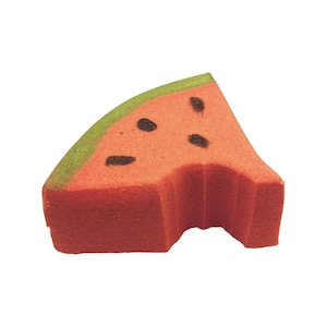 May include: A watermelon-shaped sponge with a bite taken out. The sponge is red with black seed details and a green rind. This item is designed for use in the kitchen or bathroom.