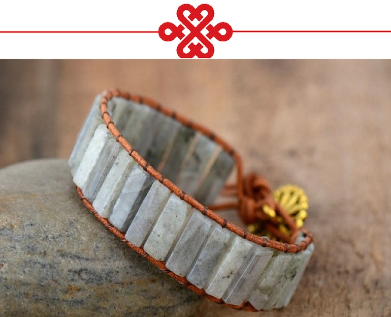 Original Bohemian Light Labradorite Boho Leather Wrap Semi Precious Stone Beaded Cuff Bracelet