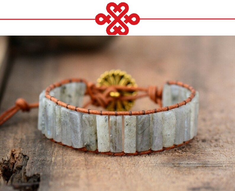Original Bohemian Light Labradorite Boho Leather Wrap Semi Precious Stone Beaded Cuff Bracelet