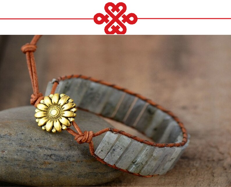 Original Bohemian Light Labradorite Boho Leather Wrap Semi Precious Stone Beaded Cuff Bracelet