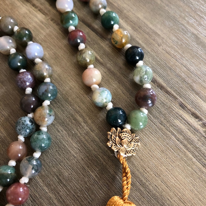 Rainbow Jasper Mala with Lotus Blossom and Copper Silk Tassel