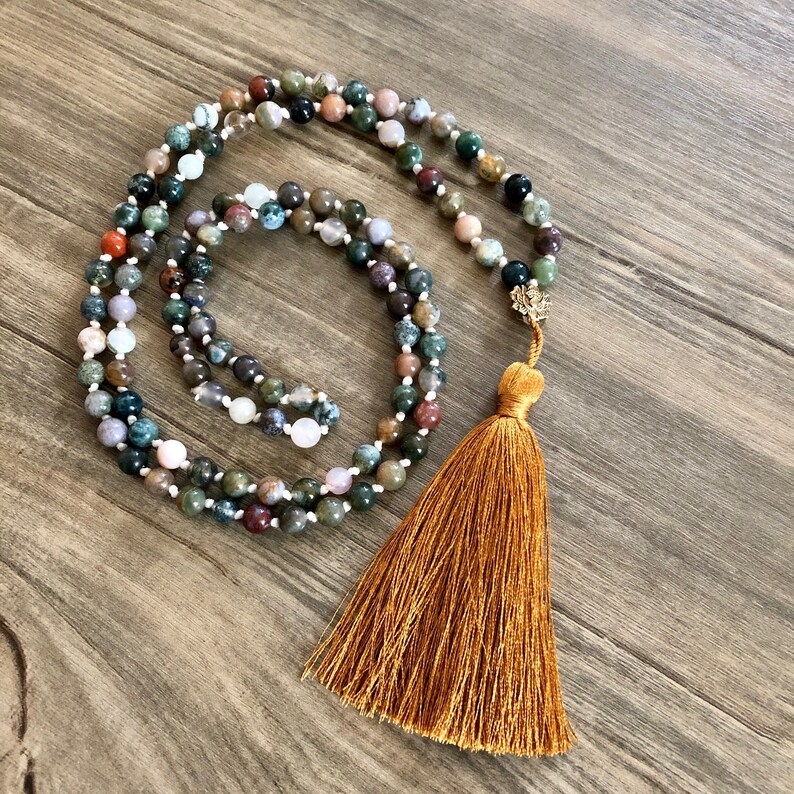 Rainbow Jasper Mala with Lotus Blossom and Copper Silk Tassel