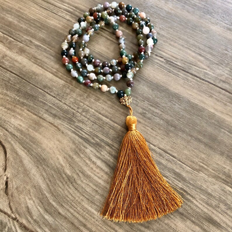 Rainbow Jasper Mala with Lotus Blossom and Copper Silk Tassel