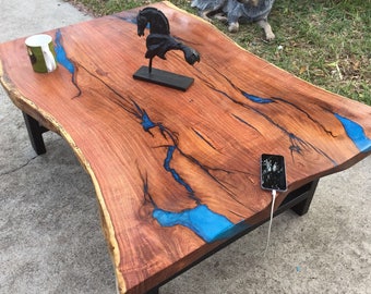 Stunning Live Edge Mesquite Coffee Table with Electric Blue Resin