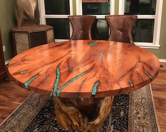 5’ Round Mesquite Dining Table W/ Turquoise Inlay & Mesquite Stump Base