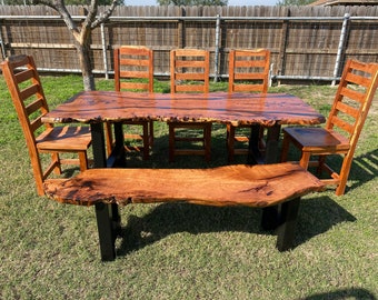 Live Edge Mesquite Dining Table Set W/ Matching Chairs & Bench