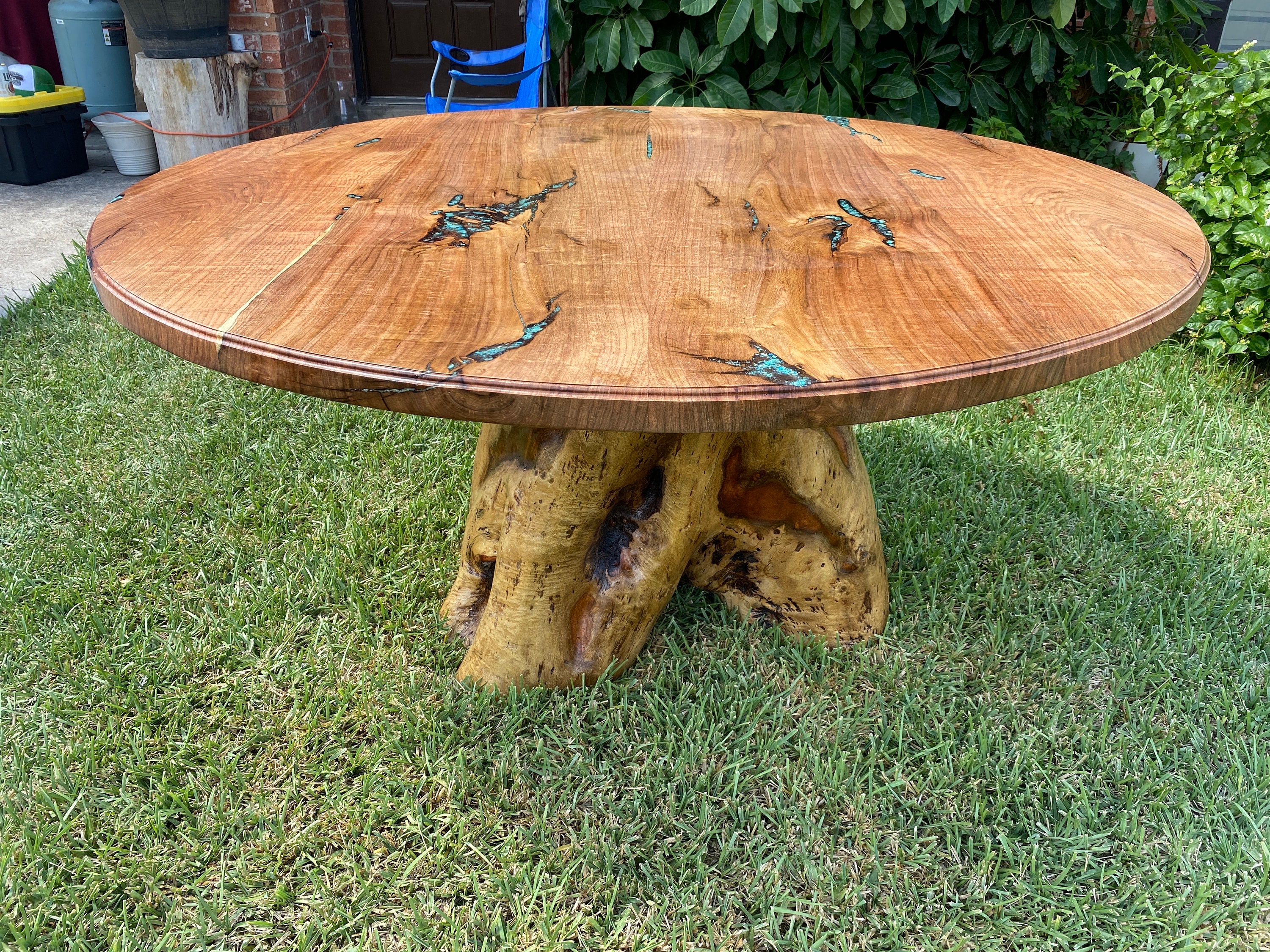 Rustic Turquoise Table Rustic Mesquite Dining Table: Turquoise Inlay, Natural Stump Base - Etsy