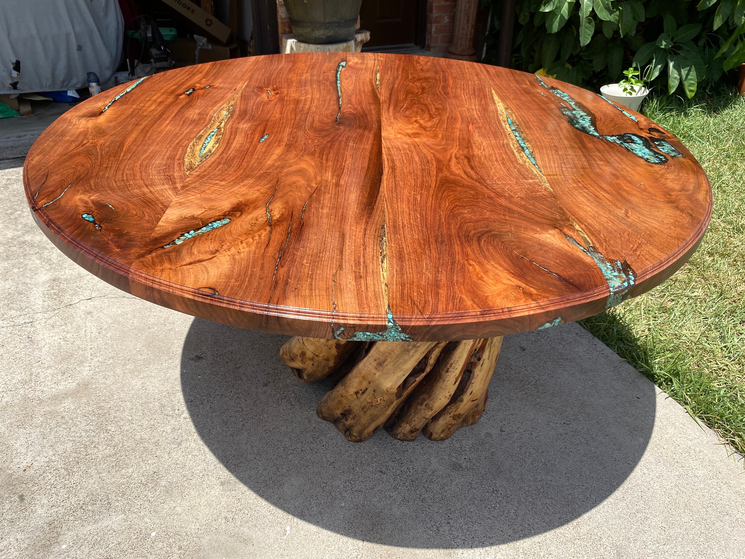 Rustic Turquoise Table Rustic Mesquite Dining Table: Turquoise Inlay, Natural Stump Base - Etsy