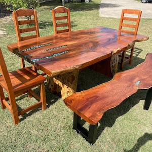 Handmade Mesquite Dining Table Set: Turquoise Inlay, Split Trunk Base