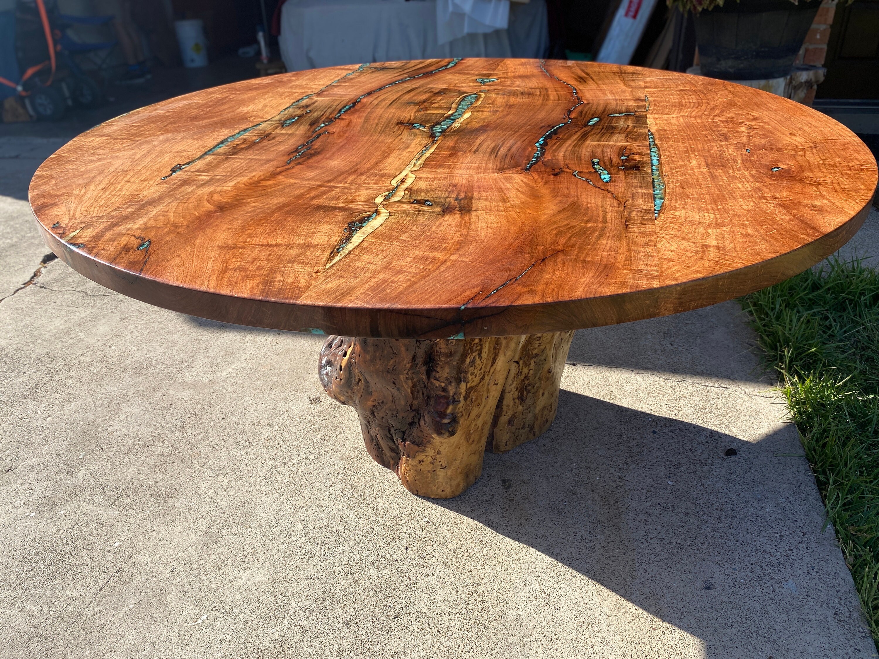 Rustic Turquoise Table Rustic Mesquite Dining Table: Turquoise Inlay, Natural Stump Base - Etsy