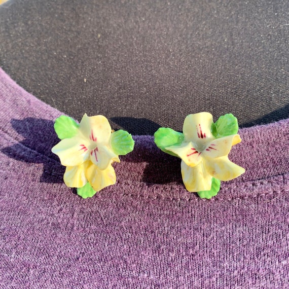Yellow Pansy Earrings Clip On - image 1