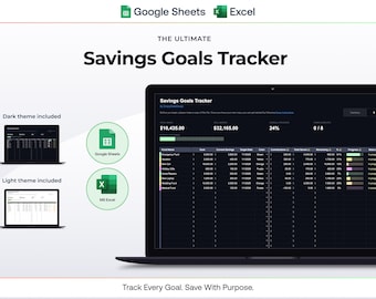 May include: A laptop screen displays a savings goals tracker with a dark theme. The image includes the text "Savings Goals Tracker" and "Track Every Goal. Save With Purpose." Additional images show light and dark themes, and compatibility with Google Sheets and MS Excel.