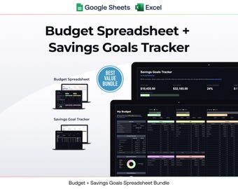 May include: A digital budget spreadsheet and savings goals tracker bundle for Google Sheets and Excel. The interface features a dark theme with white text, displaying financial data, progress bars, and charts for tracking income, expenses, and savings goals.