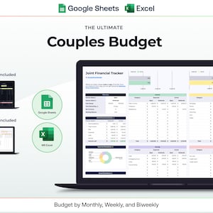 May include: A laptop displaying a "Couples Budget" spreadsheet, with options for Google Sheets and MS Excel. The image includes dark and light theme examples. Text reads "Budget by Monthly, Weekly, and Biweekly."