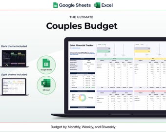 May include: A laptop displaying a "Couples Budget" spreadsheet, with options for Google Sheets and MS Excel. The image includes dark and light theme examples. Text reads "Budget by Monthly, Weekly, and Biweekly."