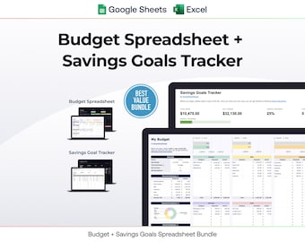 May include: A digital budget spreadsheet and savings goals tracker bundle for Google Sheets and Excel. The display shows financial summary tables, expense breakdowns, and progress bars for savings goals with clear text labels and data columns.