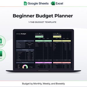 May include: A laptop displays a "Beginner Budget Planner" template. The screen shows a budget layout with sections for income, expenses, and a circular chart. The template is compatible with Google Sheets and MS Excel, as indicated by the icons in the image.