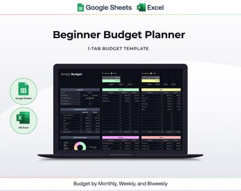 May include: A laptop displays a "Beginner Budget Planner" template. The screen shows a budget layout with sections for income, expenses, and a circular chart. The template is compatible with Google Sheets and MS Excel, as indicated by the icons in the image.