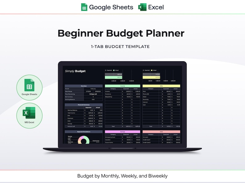 Beginner Budget Spreadsheet for Google Sheets & Excel | Simple 1-tab ...
